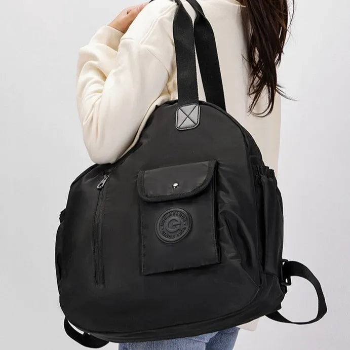 Outdoor nylon backpack with sandwich pockets showing black, khaki and green colour options