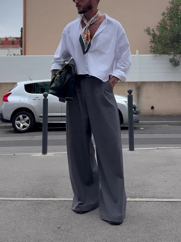 Men's plain grey high waist wide leg full-length polyester casual trousers