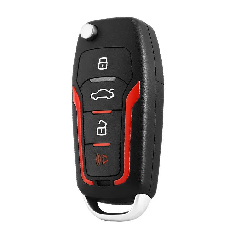 Red and black one-way car alarm remote control system with two remotes for 3000m range vehicle security.