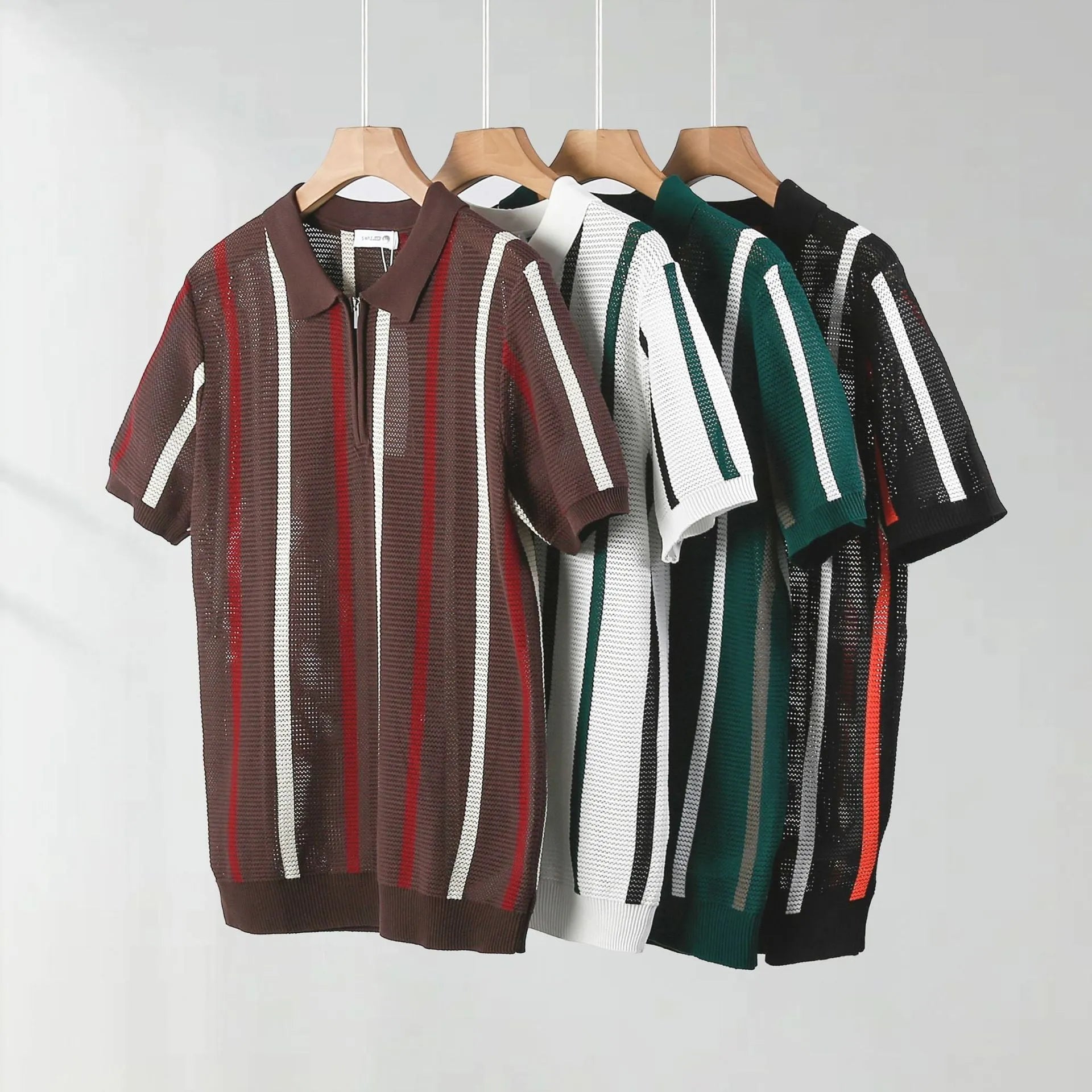 Men's ice silk polo shirt with hollow mesh knitting and zipper decoration in summer colours