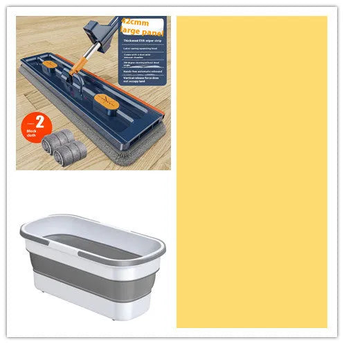 Large flat mop with blue cloth and long stainless steel handle showing 360-degree rotating head.