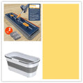 Large flat mop with blue cloth and long stainless steel handle showing 360-degree rotating head.