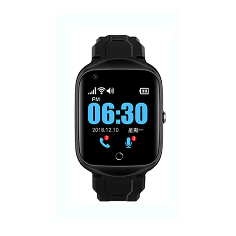 Square faced elderly smartwatch with GPS and SIM card slot on a silicone strap, shown in black, blue, and silver.