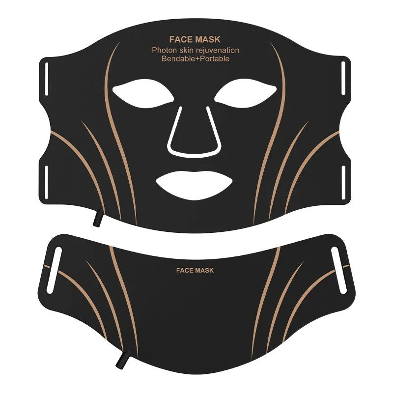 Black and gold silk silicone LED red light facial mask with headband and touch screen controls.