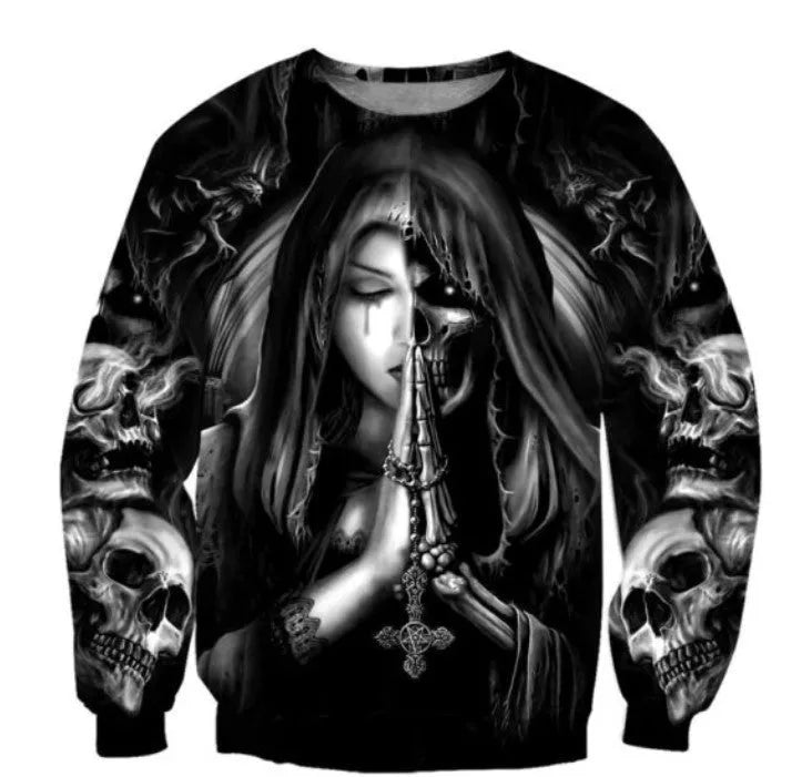 Black hooded sweatshirt with a detailed 3D Halloween skull anime graphic on the front.