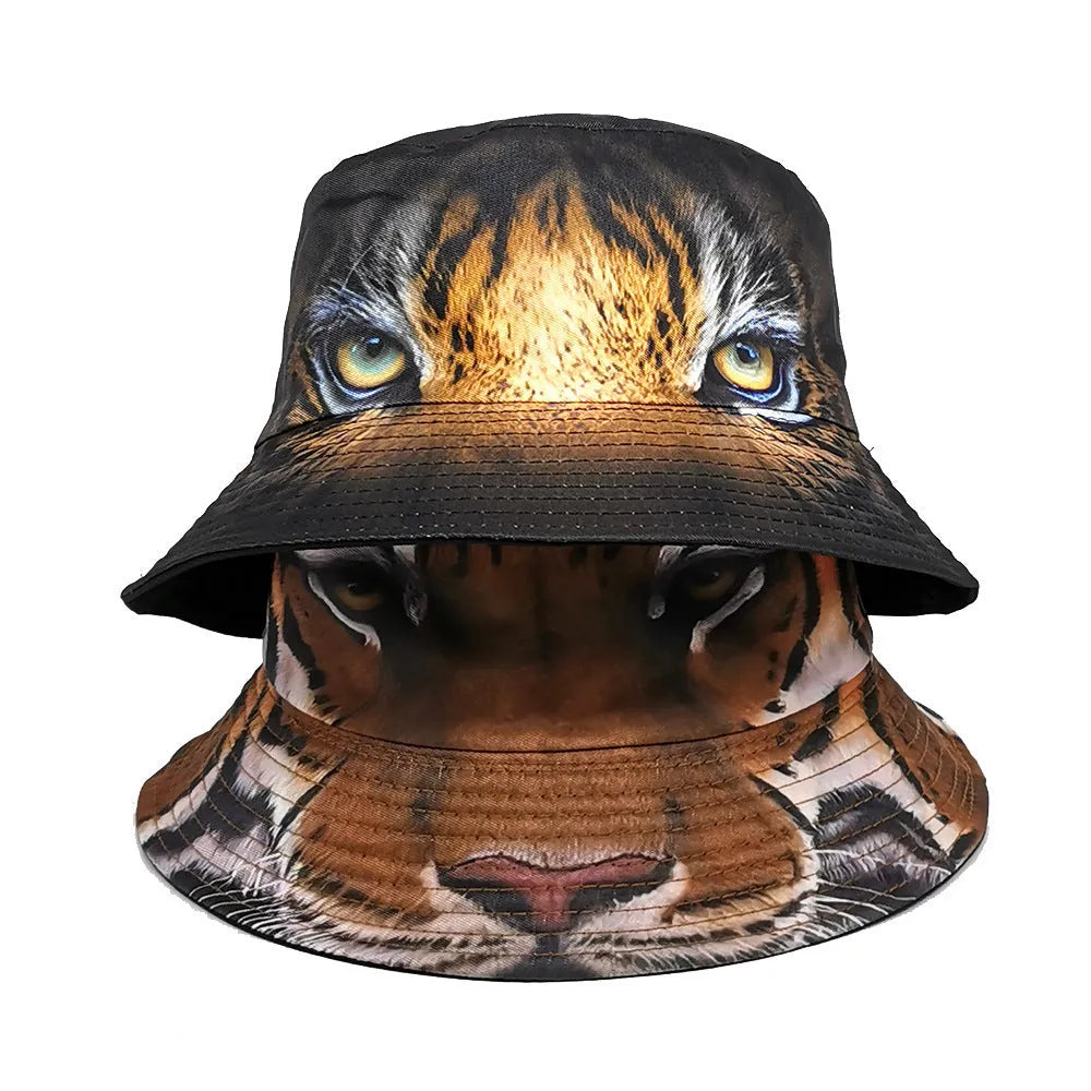 Retro tiger print bucket hat in khaki colour with dome crown for sun protection.