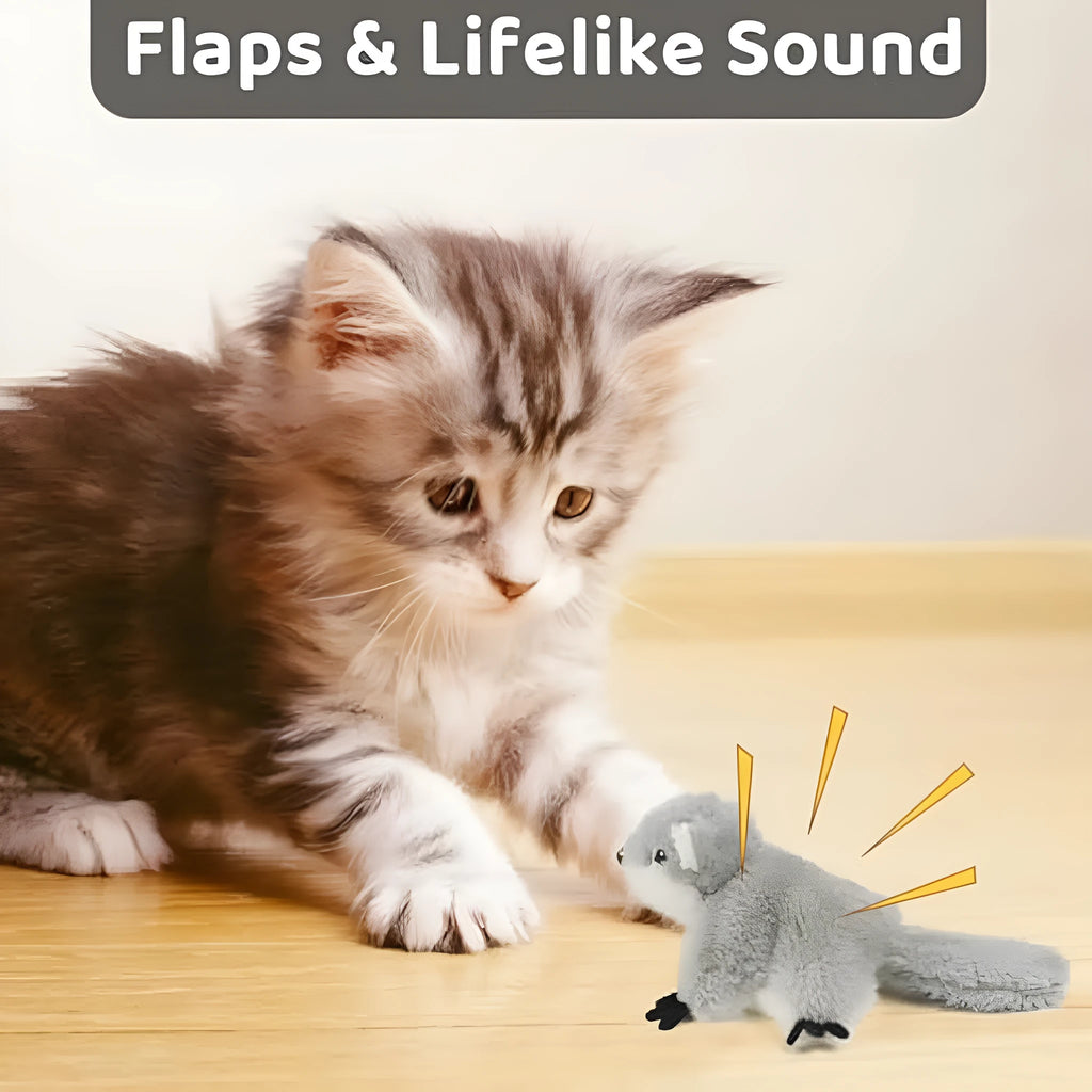 Grey plush flapping squirrel cat toy with USB charging port
