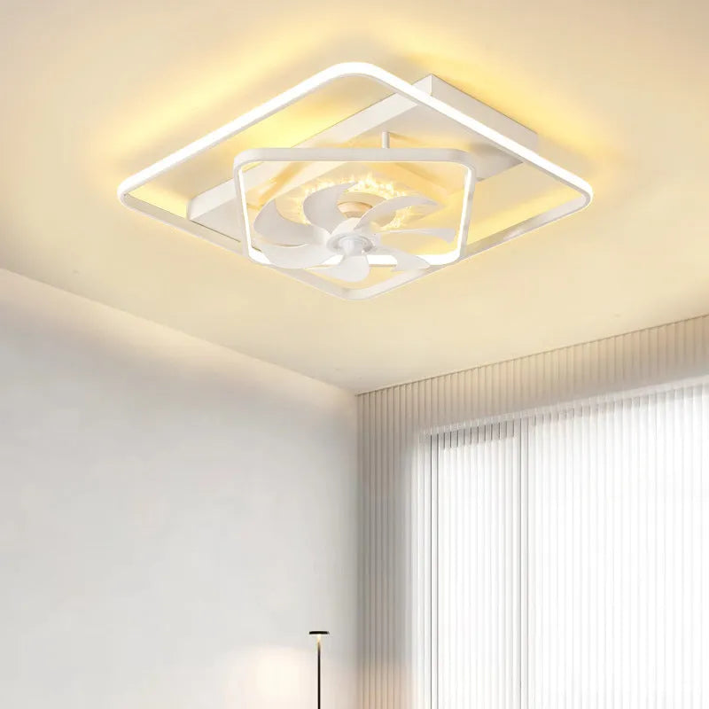 Modern ceiling fan with integrated light fixture, 1100mm size with plastic blades and acrylic lampshade.