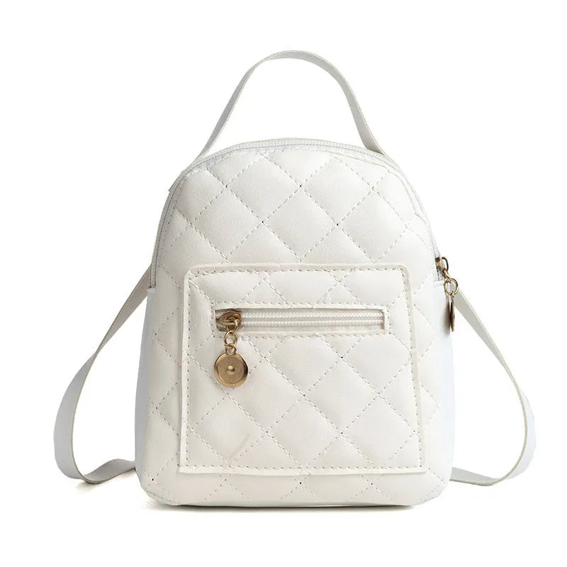 Girls' hard case square backpack with embroidery in white, black, or pink colours, showing soft handle and dimensions.