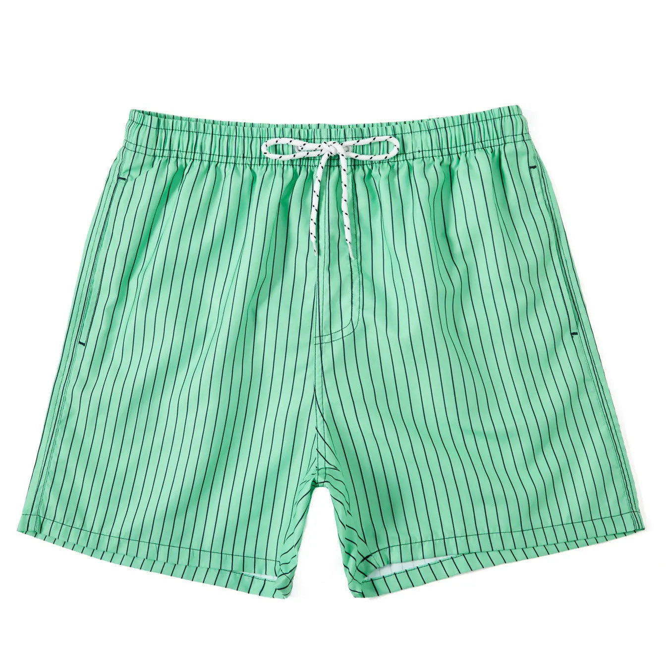 Polyester fibre striped swim shorts in navy blue, grey, khaki, or light blue with straight leg cut