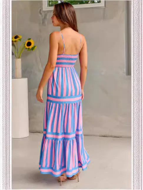 Women's striped printed suspender long dress with square neck, backless design, and side pockets.