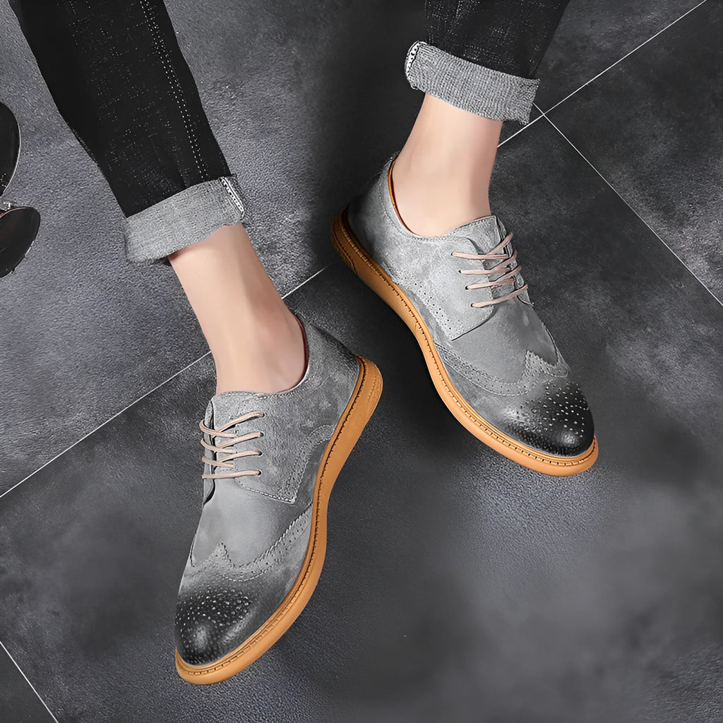 Men's black genuine cowhide leather business lace-up shoes with leather stitching and a rubber sole.