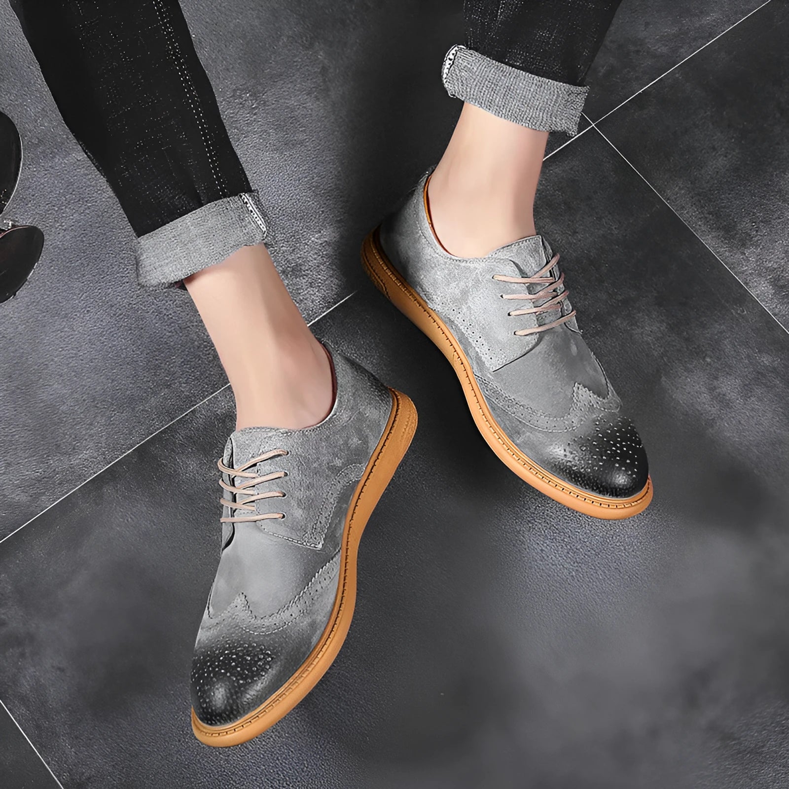 Men's black genuine cowhide leather business lace-up shoes with leather stitching and a rubber sole.
