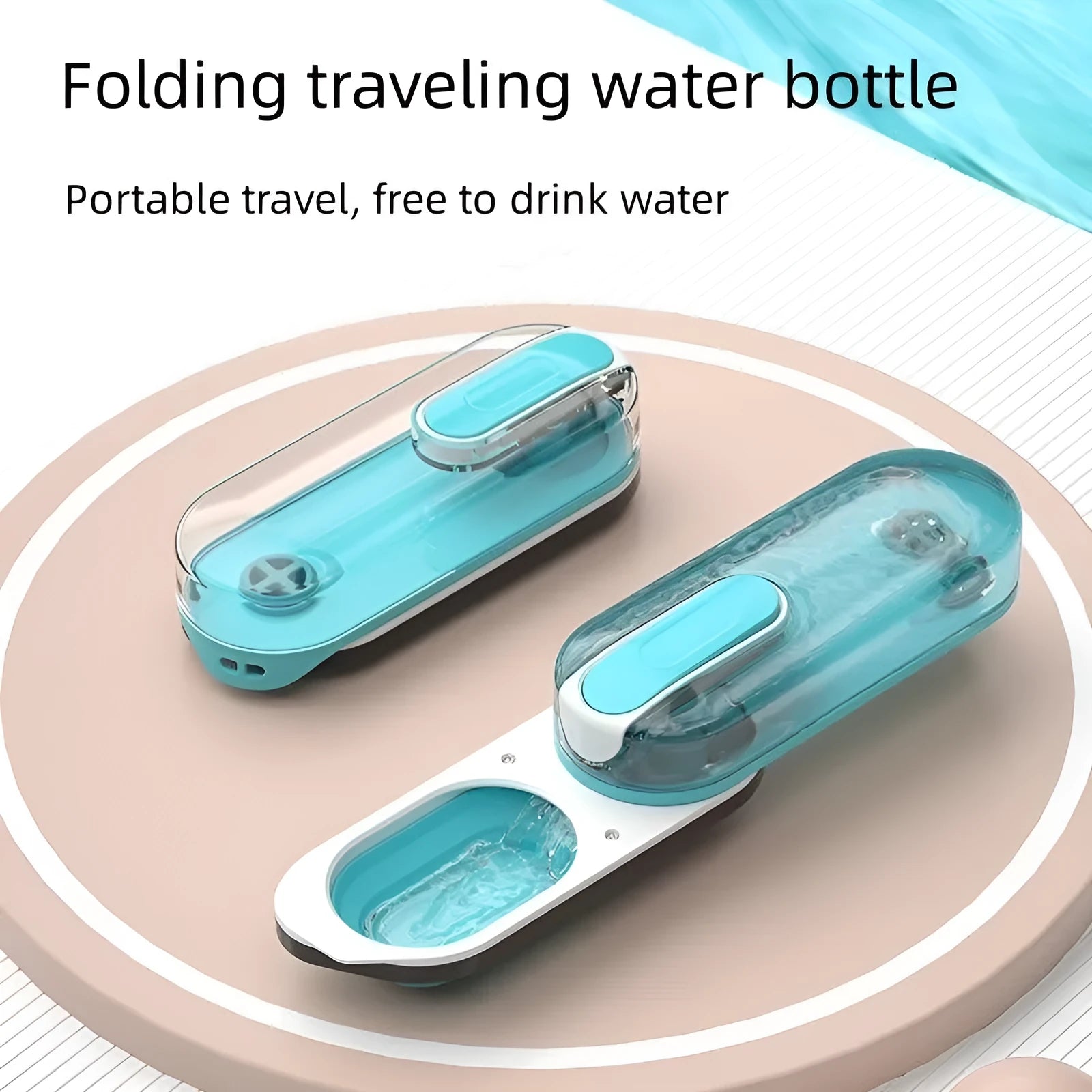 Blue, grey, or pink portable collapsible pet water bottle with integrated drinking bowl for dogs and cats.