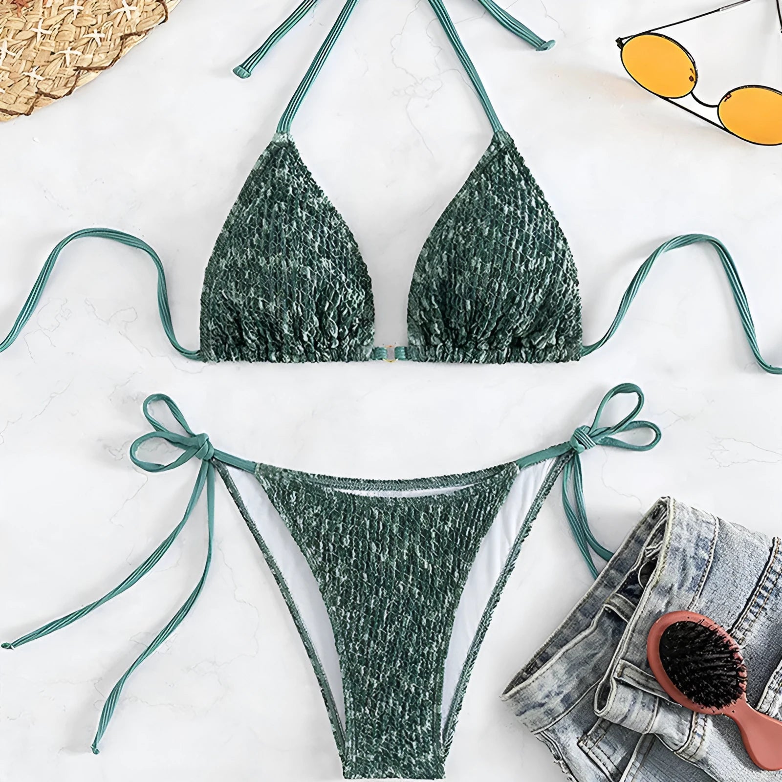 Women's green halter strap backless bikini set with matching shorts