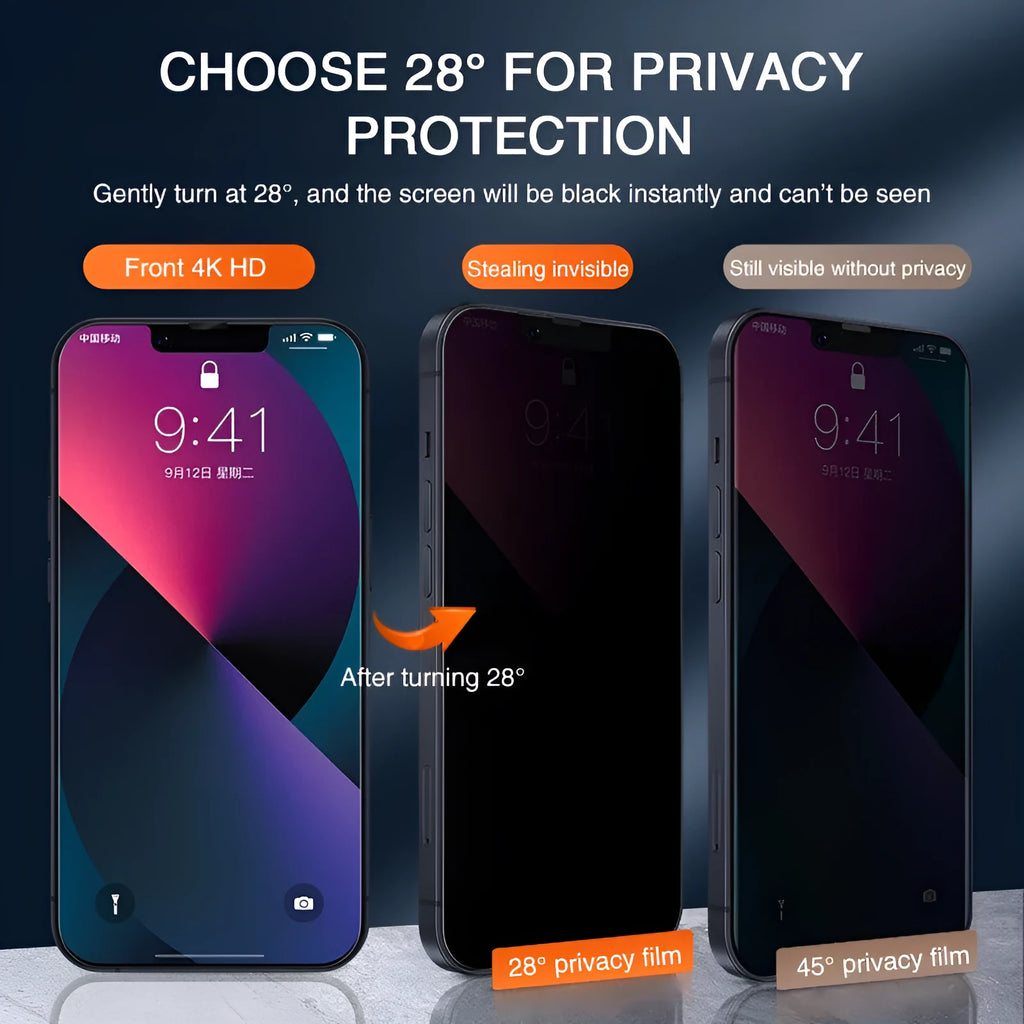 iPhone tempered glass screen protector with anti-peeping privacy feature and scratch-resistant coating