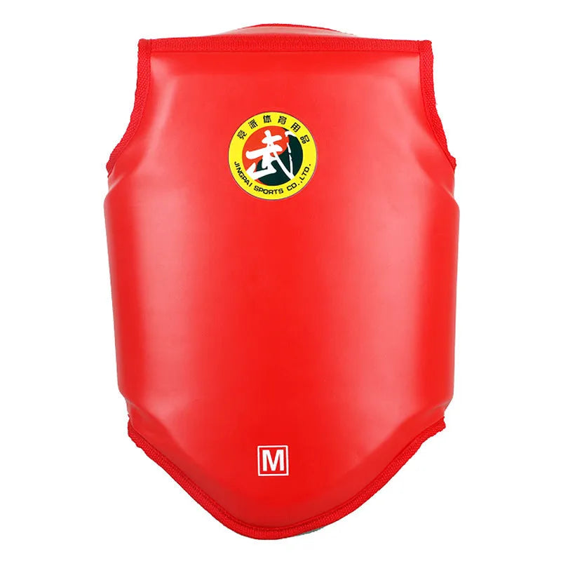 Red boxing helmet and matching one-piece chest protector set for training.