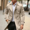 Men's mid-length solid colour lapel jacket with side pockets shown in army green.