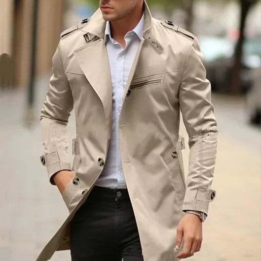 Men's mid-length solid colour lapel jacket with side pockets shown in army green.