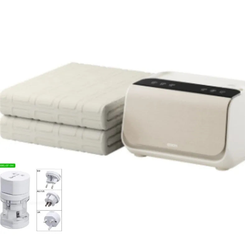 White plush electric water blanket with smart host control unit, shown in two size options.