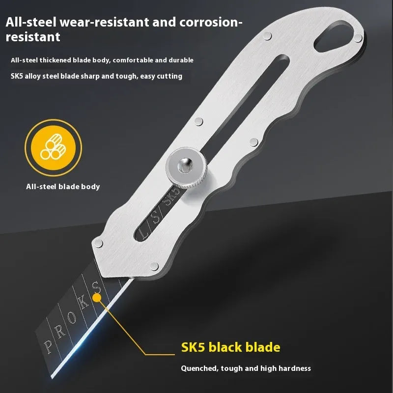 Stainless steel folding art knife with black blade and a set of spare long and trapezoidal blades.