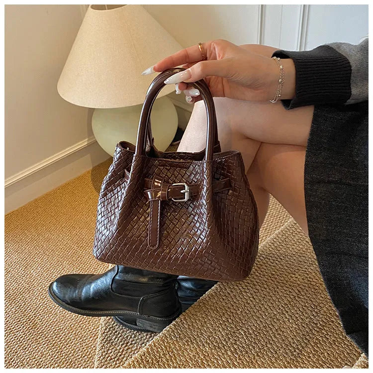 Women's PU messenger bucket bag in khaki with spliced design and three-dimensional outer pocket
