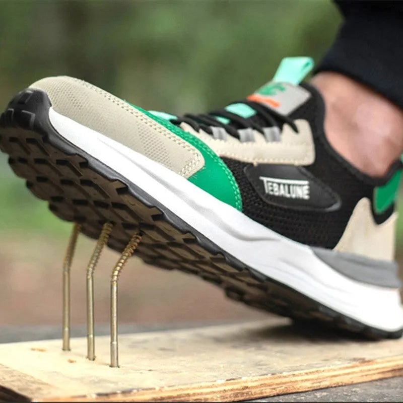 Black and green plastic steel toe safety shoes with mesh upper panels and TPU sole