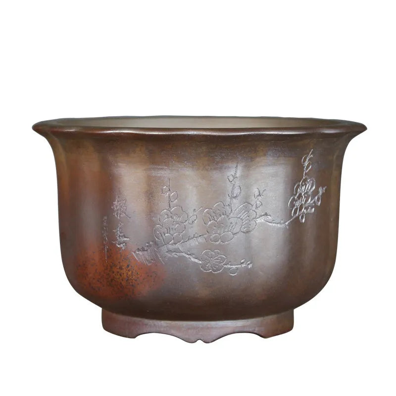 Antique carved purple sand ceramic flowerpot with wood burning finish