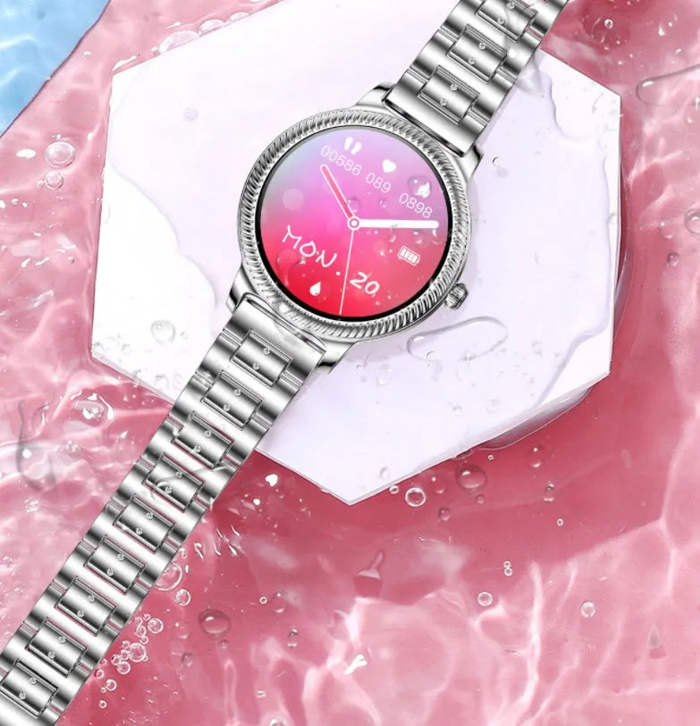 AK38 ladies smart watch with stainless steel Milanese band and 1.09-inch colour touchscreen