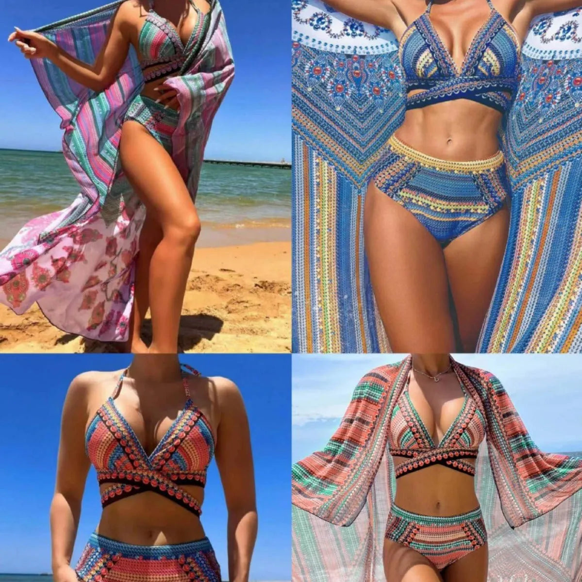 Women's blue three-piece bikini set with cross bandage bra, high-waist bottoms, and sheer veils laid flat.