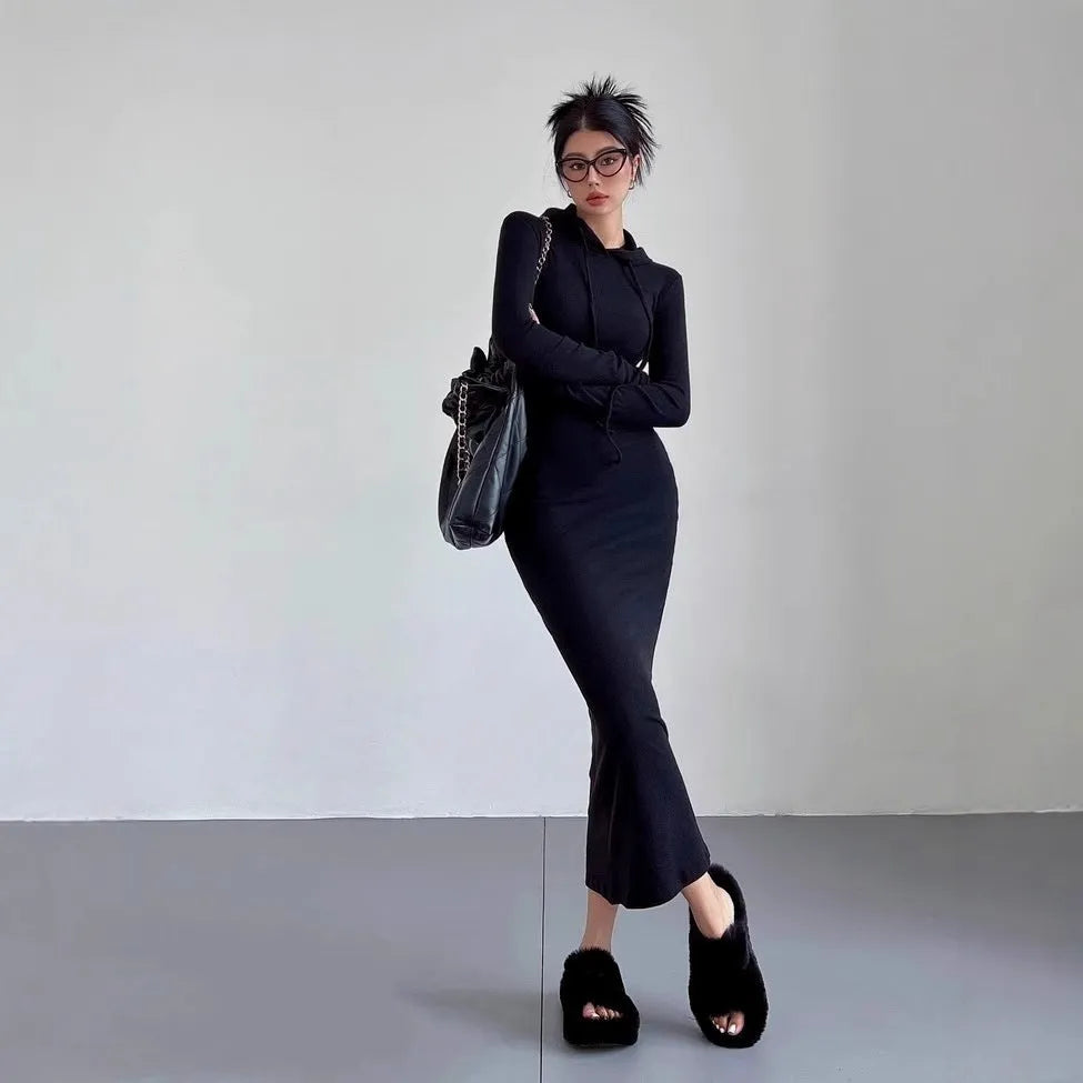 Women's grey hooded sheath dress with long sleeves and high waist