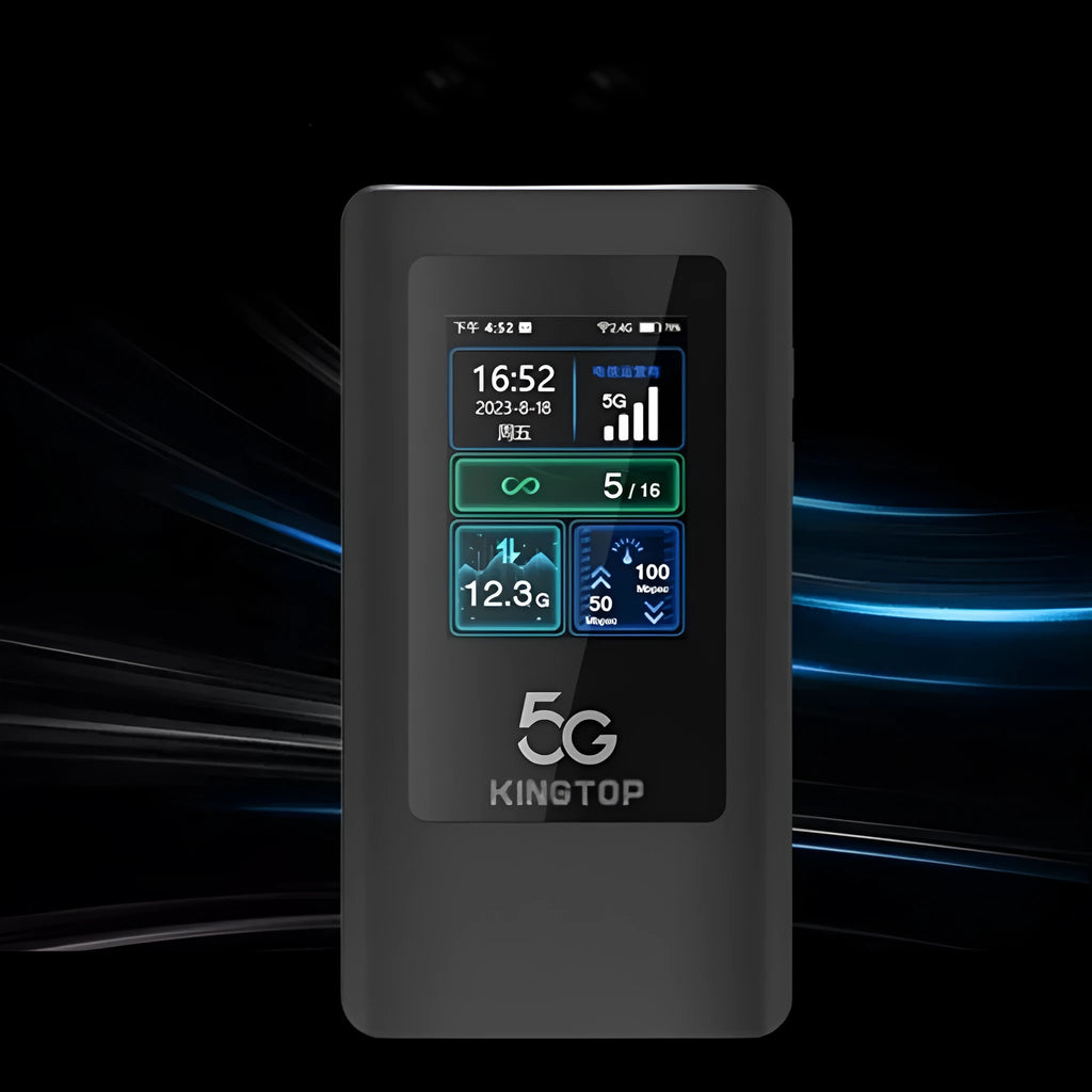 Black portable 5G WiFi router with LCD screen showing 4400mAh battery capacity and compact 125x70x17mm dimensions