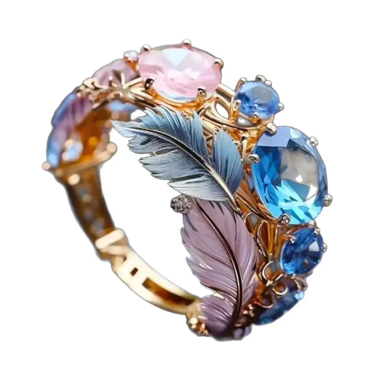 Gold-coloured brass ring with embossed feather design and geometric shape featuring zircon inlay details