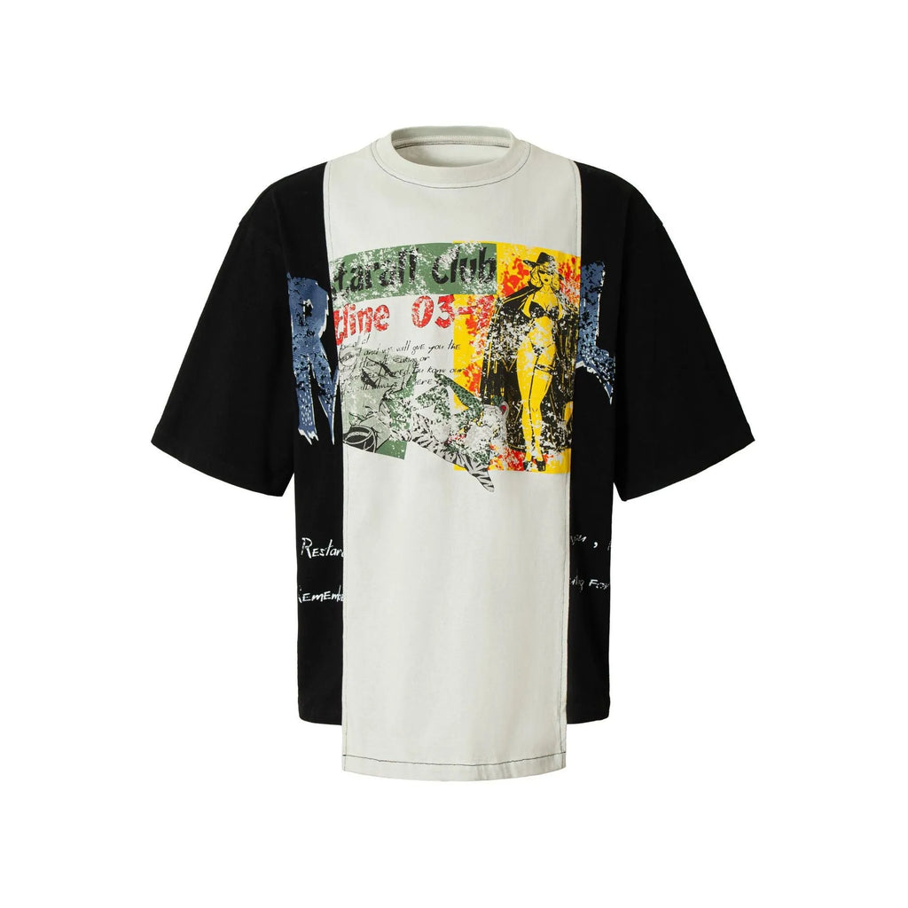Men's black and white broken collage print loose fit cotton blend t-shirt on hanger