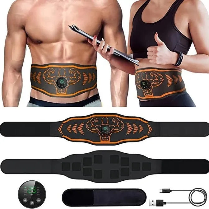 Blue and orange smart EMS massage belt fitness equipment with arm straps laid flat.