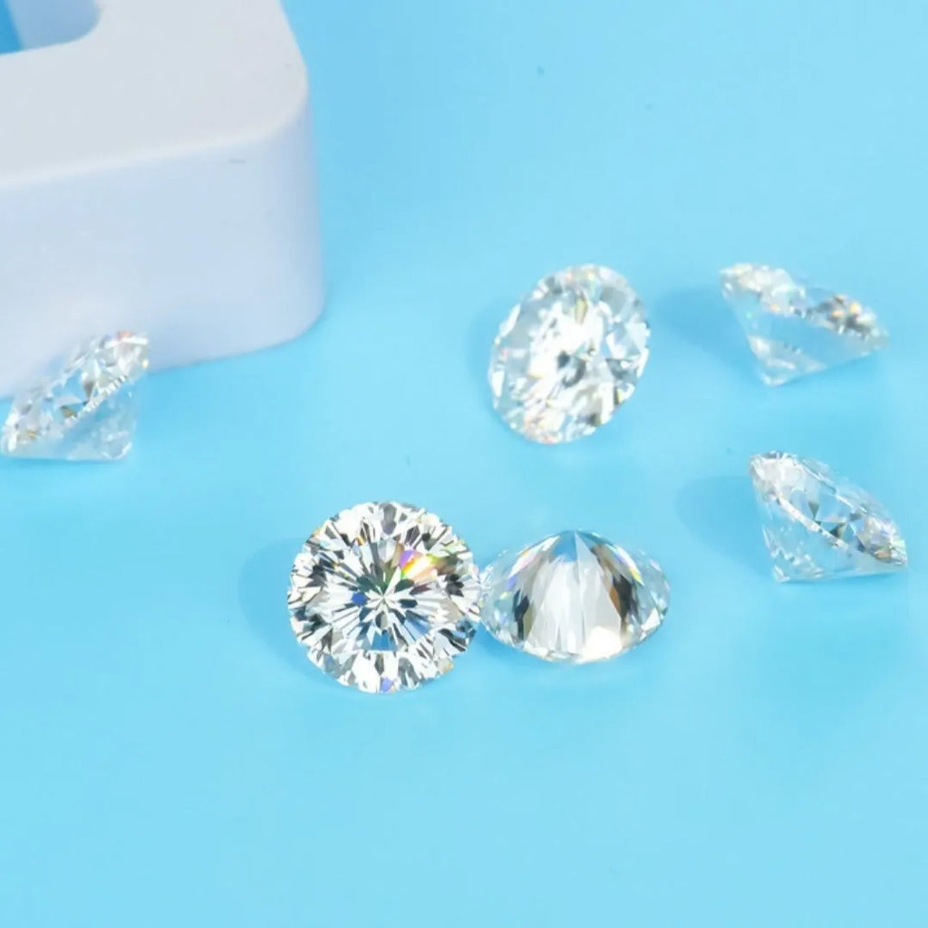 Round moissanite gemstone with eight hearts and eight arrows cut on a grey background