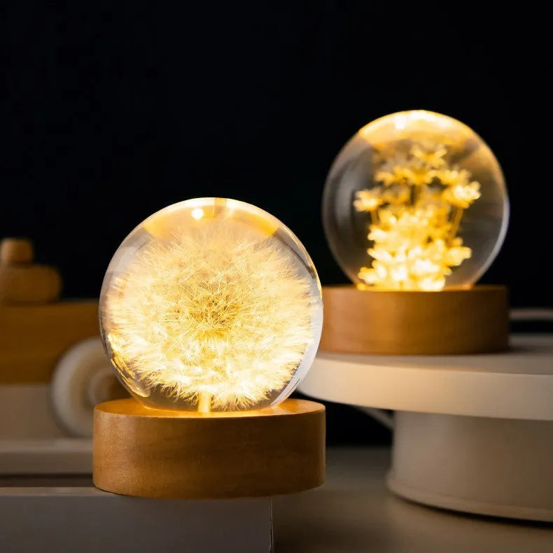 Dandelion preserved flower crystal ball night light on beech wood stand with USB cable