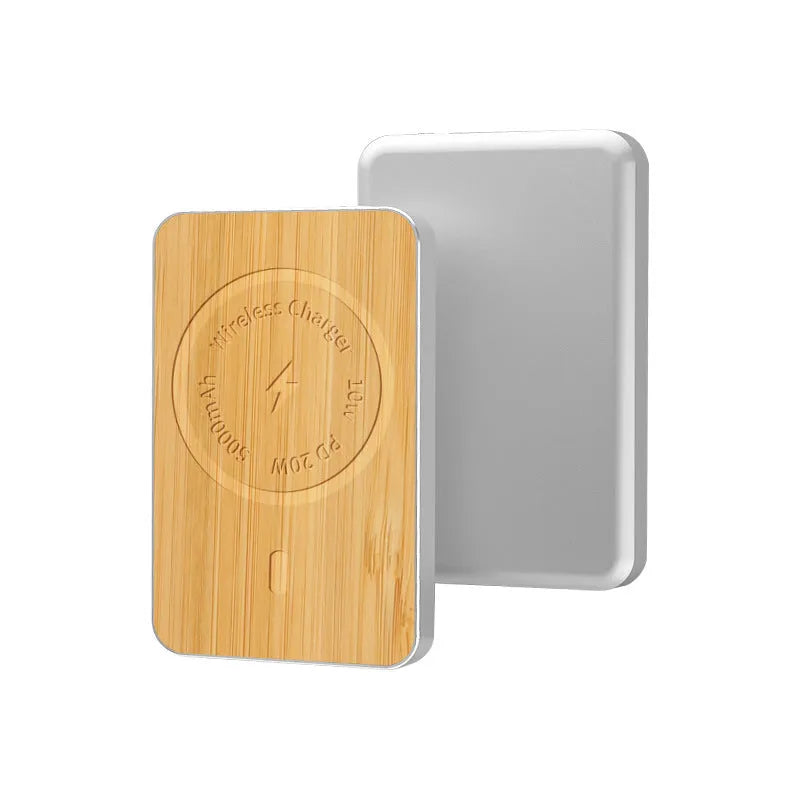 Khaki-coloured magnetic wireless charging bank with USB port and alloy shell