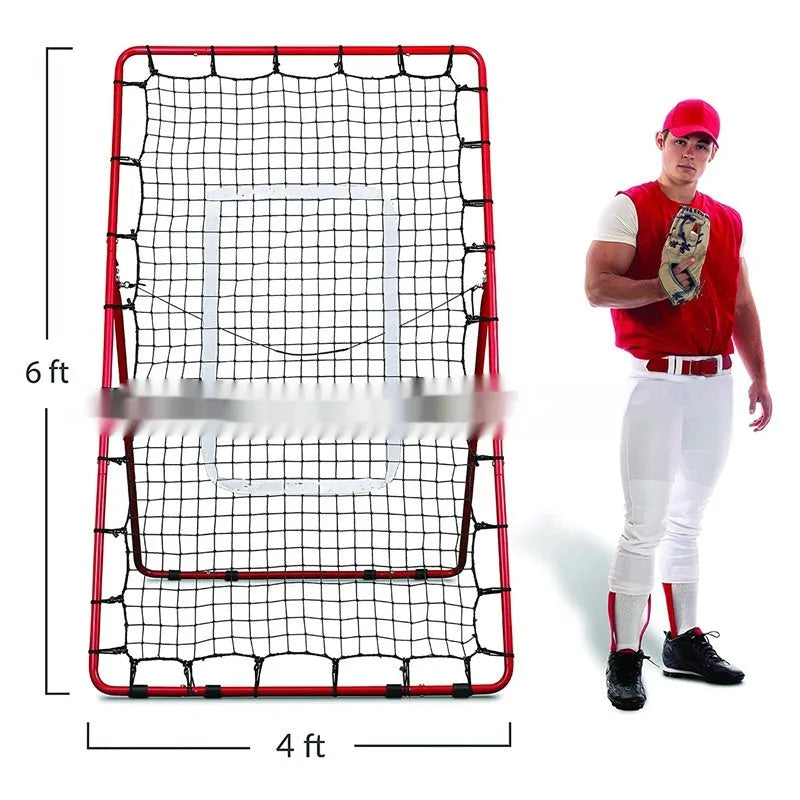 Red adjustable 4x6FT baseball training net with metal frame for backyard practice