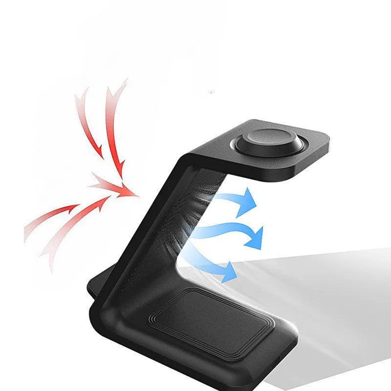 White upright wireless phone charger with dual-coil technology and QC3.0 support on a desk