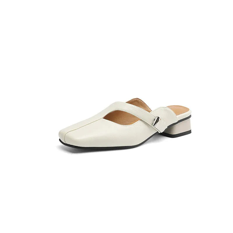 British style low heel square head outdoor slippers in black colour with imitation leather lining