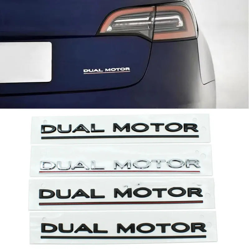 Tesla Model 3 double motor performance bumper sticker in ABS plastic, 19cm by 3cm, showing colour options.