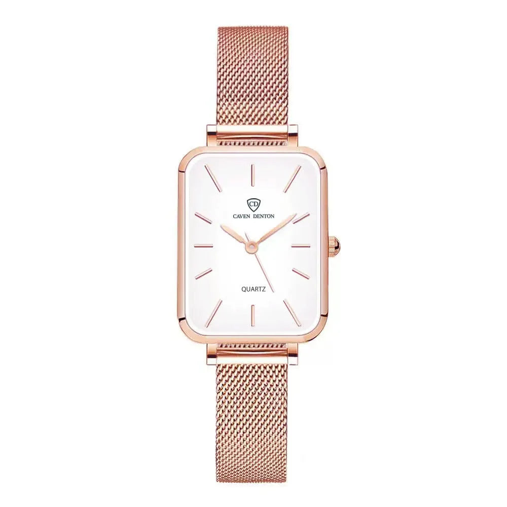 Women's waterproof quartz watch with alloy case and woven steel strap