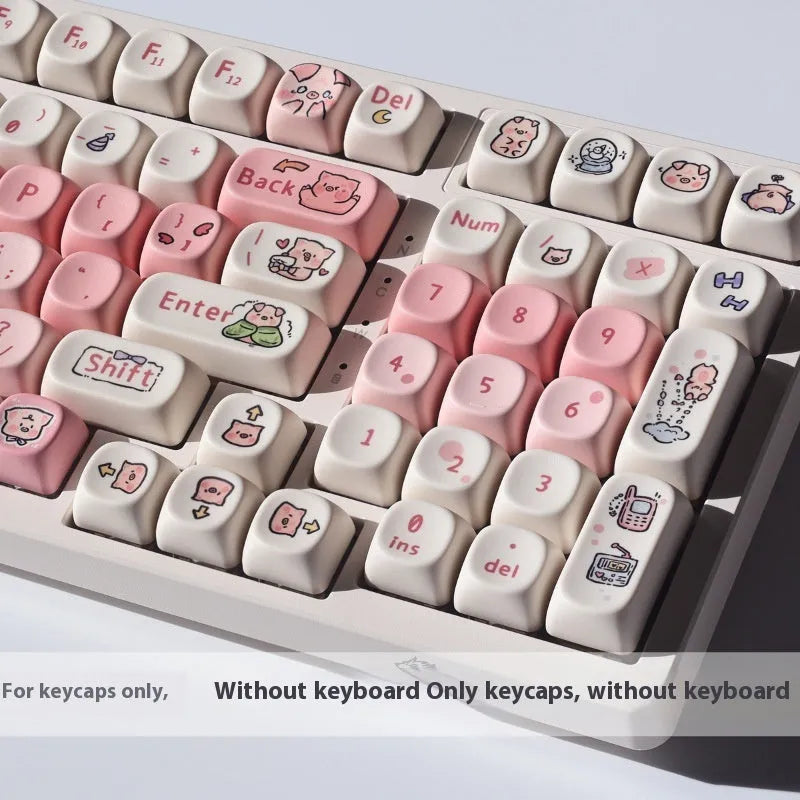 Pink mechanical keyboard keycap with a detailed fragrant pig design on all sides, shown next to a keycap puller tool.