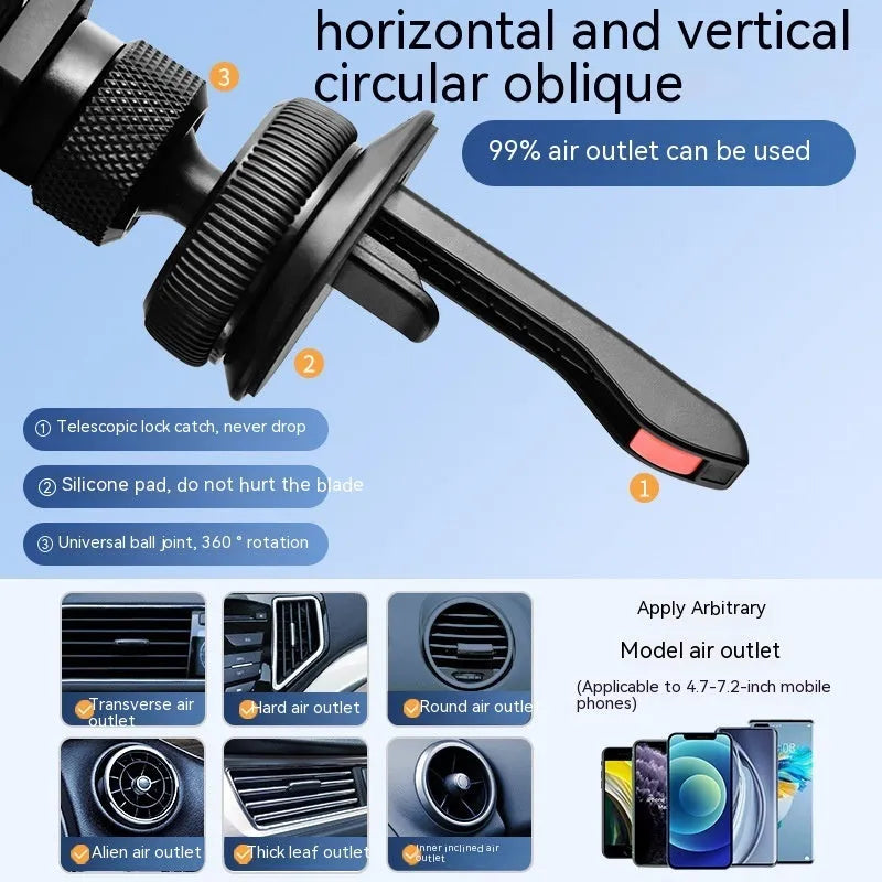 Aluminium alloy car mobile phone holder showing both knob air vent mount and adhesive dashboard mount versions in black, silver, and grey colours