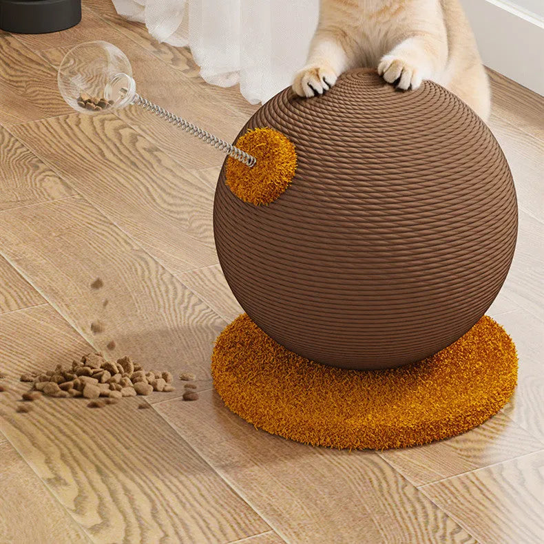 A large and small size cat scratching post toy made from hemp rope with a self-rolling tumbler design.