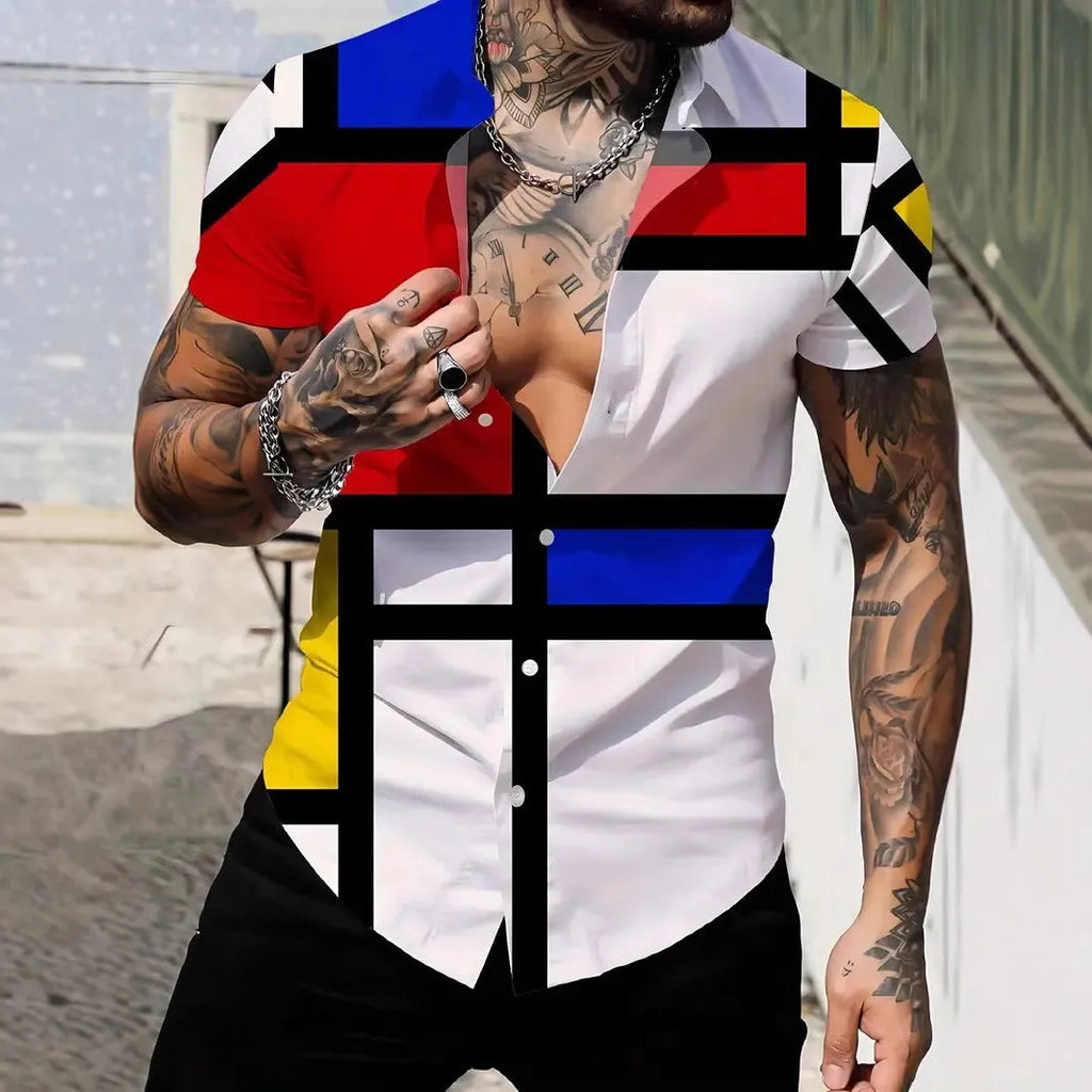 Men's geometric printed short sleeve shirt with lapel collar in slim fit for summer wear