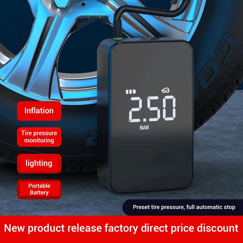 Compact wireless digital inflator pump with screen, showing dimensions and included nozzles and cable.