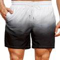 Men's grey and blue gradient printed mesh sport shorts on a white background.