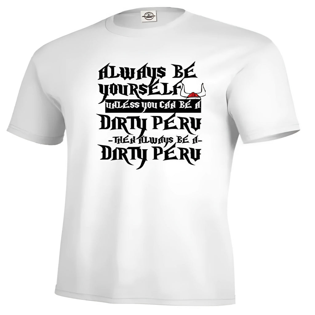 Men's solid white short sleeve T-shirt laid flat, showing straight cut and printed design.